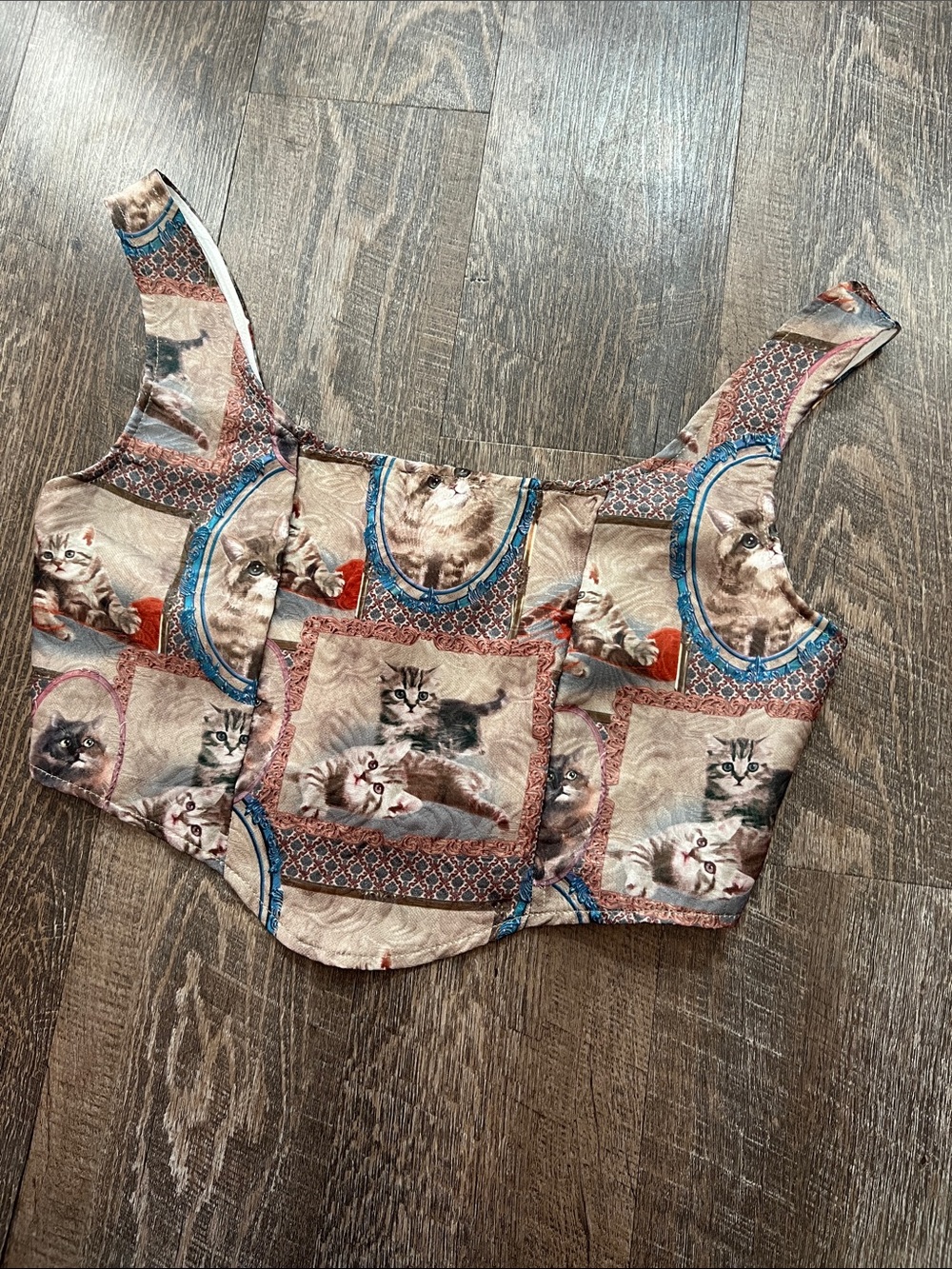 Patterned Kitty Brocade Crop Top with Blue and Coral Accents